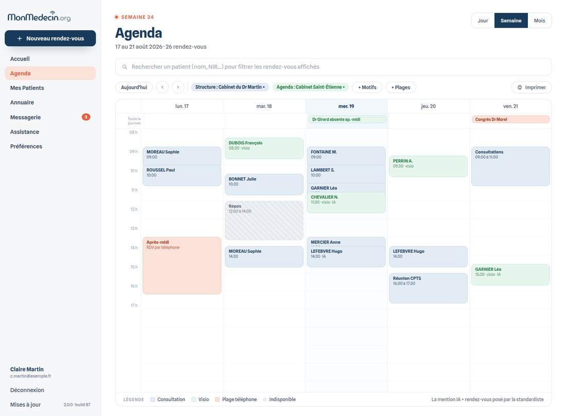 L'agenda de MonMedecin.org, vue de la semaine